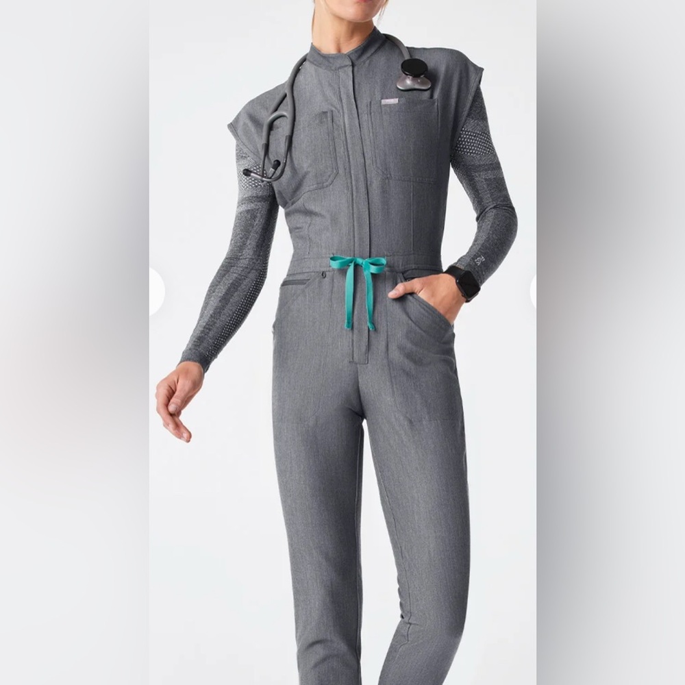 Figs Gray Jumpsuit with Teal Tie